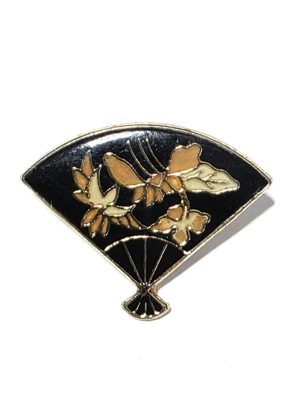 Black cloisonné floral fan brooch
